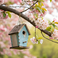 A birdhouse hanging from a branch with a spring bloom background 
