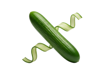 Pristine emerald green English cucumber angled 45 degrees, with a translucent, spiraled cucumber ribbon, on a transparent studio background, high-key photorealistic concept of freshness and purity