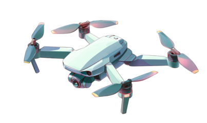 Light-gray drone with four propellers, camera visible