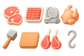 3d isometric meat collection: cuts, sausages, and tools in cartoon style