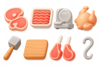 3d isometric meat collection: cuts, sausages, and tools in cartoon style