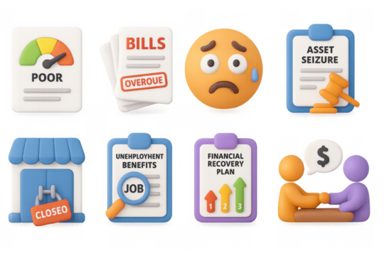 3d financial stress icons: bills, debt, recovery, unemployment, business closure