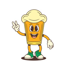 Bright cartoon beer glass character with large foam head looking forward with joyful expression and showing peace gesture using right hand. Great for brewery branding. Vector illustration