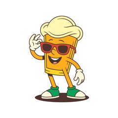 Funny cartoon beer glass with foamy head, red sunglasses, smile, arms and legs adjusting eyewear in confident gesture. Great for brewery branding and festivals. Vector illustration