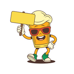 Cheerful yellow cartoon beer glass mascot with large foamy head wearing red sunglasses and holding a blank sign while smiling. Perfect for brewery branding and marketing campaigns. Vector illustration