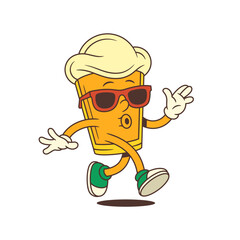 Energetic yellow cartoon beer glass mascot with large foamy head running while whistling and wearing stylish red sunglasses. Ideal for brewery branding, beer festivals. Vector illustration