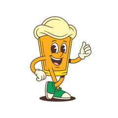Joyful yellow cartoon beer glass mascot with large foamy head smiling brightly while showing thumbs up gesture with left hand. Perfect for brewery branding and beer festival. Vector illustration