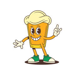 Bright yellow cartoon beer glass mascot smiles widely while showing rock hand gesture. Ideal for brewery branding, beer festivals, and marketing materials. Vector illustration