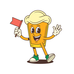 Joyful cartoon beer glass mascot with foam head smiling and waving a red flag in a welcoming gesture. Suitable for beer festival branding or pub design. Vector illustration