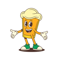 Cheerful cartoon beer glass mascot with big foam head smiling widely and spreading arms in a welcoming gesture. Perfect for brewery branding or event promotion. Vector illustration