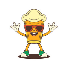 Beer glass mascot with large foamy head and red sunglasses stands confidently with arms wide open, showing the ILY hand gesture. Perfect for beer festivals, and promotional events. Vector illustration