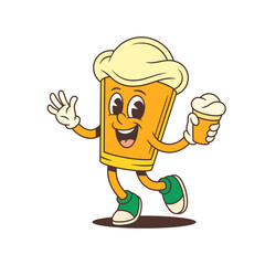 Yellow beer glass mascot with large foamy head joyfully runs while waving a hand and holding a beer glass. Suitable for brewery branding, beer festivals and promotional campaigns. Vector illustration.
