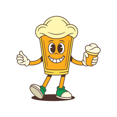 Yellow beer glass mascot with large foamy head stands smiling while holding a beer glass and showing a thumbs up gesture. Suitable for brewery branding, beer festivals. Vector illustration
