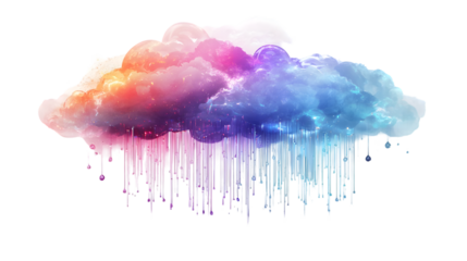 Glossy iridescent cloud with soft dripping rain design isolated on transparent background