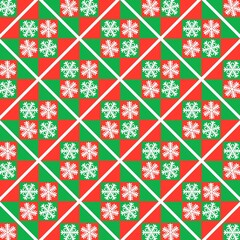 Fototapeta premium seamless christmas pattern. A charming, festive seamless pattern featuring a repeating grid of squares in red, green, and cream colors, with a white snowflake icon in the center of each square.