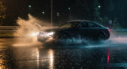 A dark car drives through a flooded road at night, creating a large splash of water.