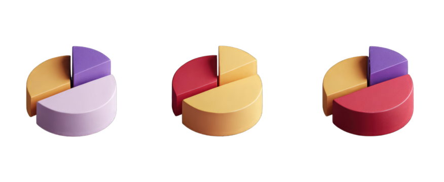 Three 3D pie charts in pastel colors