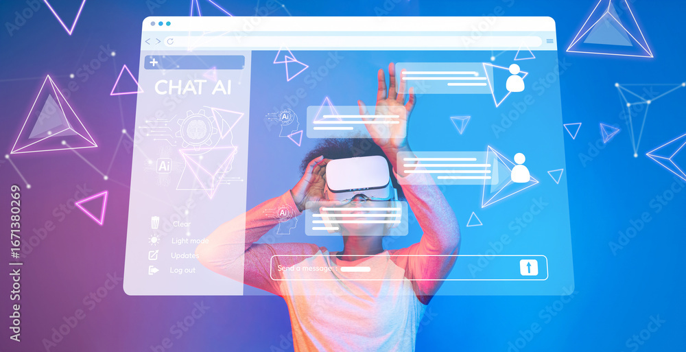 Poster a modern individual engages with virtual chatbots through a sleek interface, highlighting the integr