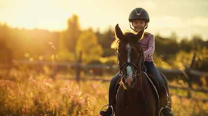 Child Riding Horse in Countryside Field, Realistic Photo
