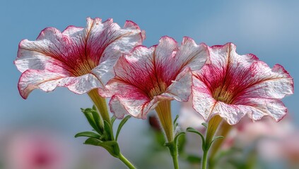 Close-up of three vibrant pink and white flowers