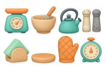 Cute cartoon kitchen utensils and appliances in pastel colors