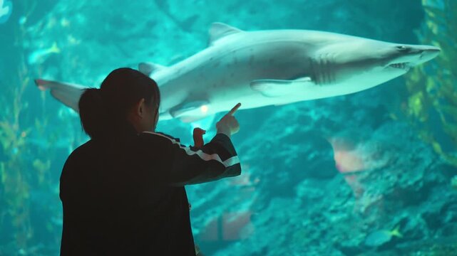 Asian mother holding curious little daughter near large aquarium glass watching shark swim by, child pointing at fish, family vacation trip exploring marine life at public aquarium exhibit