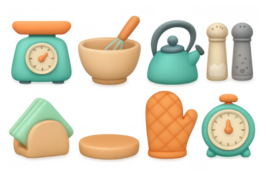 Cute cartoon kitchen utensils and appliances in pastel colors