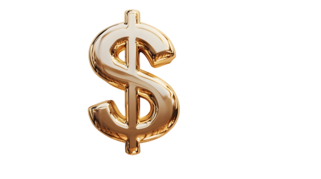 Gold dollar symbol 3D isolated on transparent background