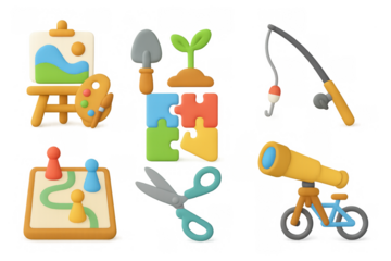 3d colorful hobby set with art, gardening, and games elements