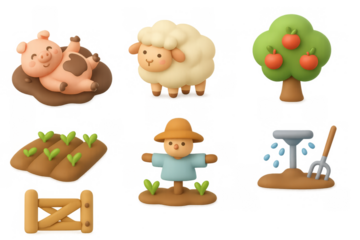 Cute farm animals and objects in 3d cartoon style featuring sheep, pig, tree, and scarecrow