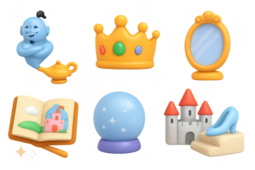 Colorful 3d icons of magical fantasy elements with cartoon style