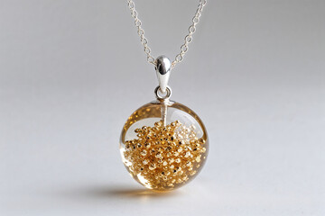 Clear spherical pendant with golden beads on silver chain necklace jewelry
