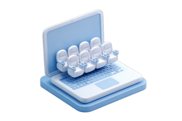 Light blue laptop with movie theater seats on screen, 3D isometric style