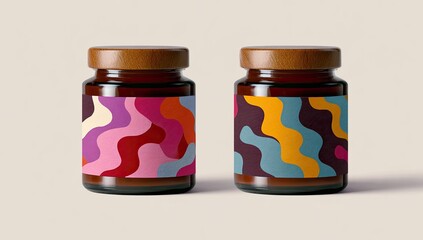 Jars with abstract labels, studio shot, minimalist background, packaging mockup