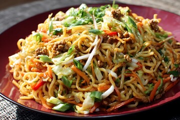Noodles with vegetables and meat.