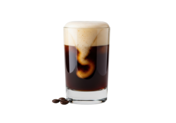 Elegant highball glass with nitro cold brew coffee, creamy cascading foam, and coffee beans on a clean transparent background, studio lighting, commercial beverage concept