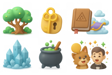 Fantasy icons collection: tree, key, book, clouds, crystal, cauldron, dog, man