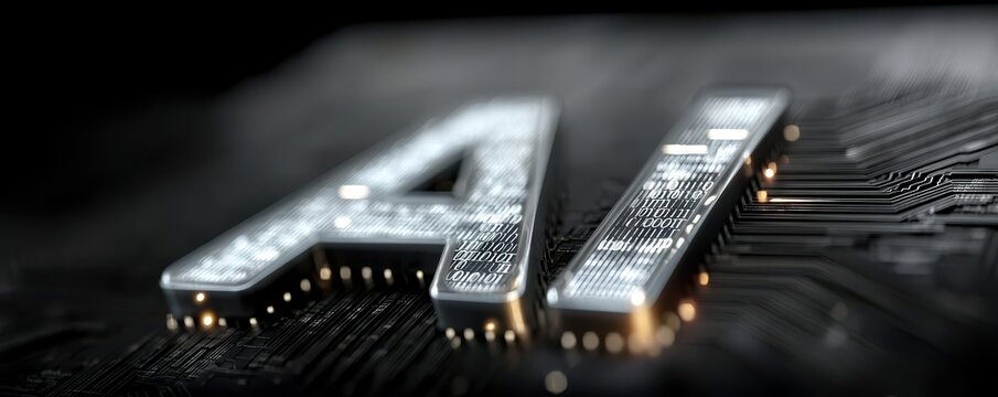 Futuristic AI logo with technological elements and digital binary code background