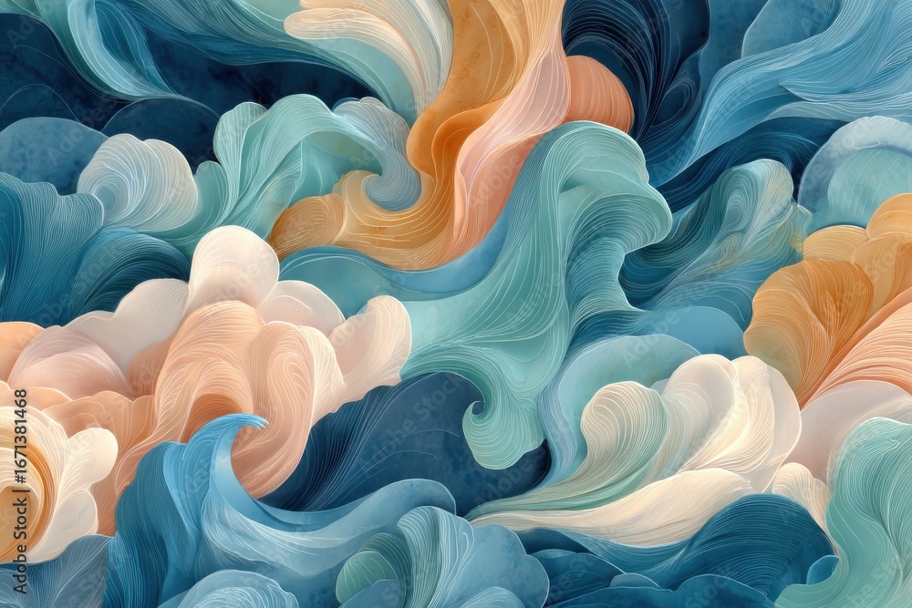 Poster abstract flowing shapes in vibrant earth tones with fluid wave-like patterns
