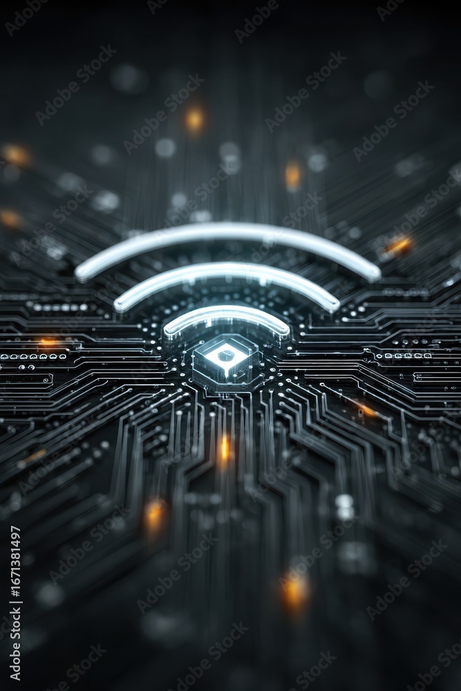 Poster futuristic circuit board featuring a glowing wireless network symbol and detailed patterns