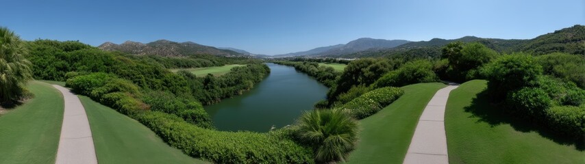 Fototapeta premium Scenic golf course view with water and mountains.