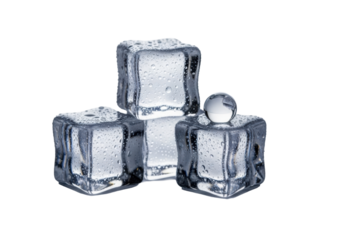 Macro, photorealistic product shot of three pristine crystalline ice cubes with sharp edges & a spherical water droplet on a transparent studio background. Concept of purity, precision, refreshment