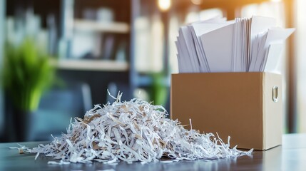 Office paper tray with shredded documents beside recycling box