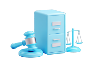 Light-blue 3D file cabinet, gavel, and scales of justice
