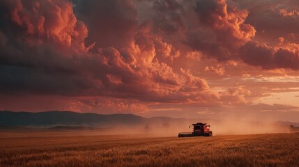 Fototapeta premium Harvest scene at sunset. Red combine in golden field. Dramatic clouds