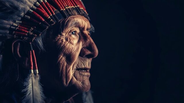 Indigenous chief wearing traditional headdress posing on black background