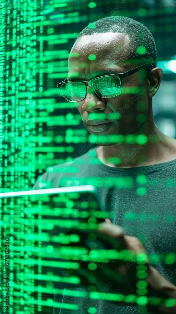 Poster man in sunglasses engages with tablet amidst green digital data streams, showcasing technology and i