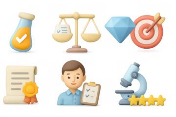 3d icons of science, business, and achievement: flask, scales, diamond, target, document, scientist, microscope