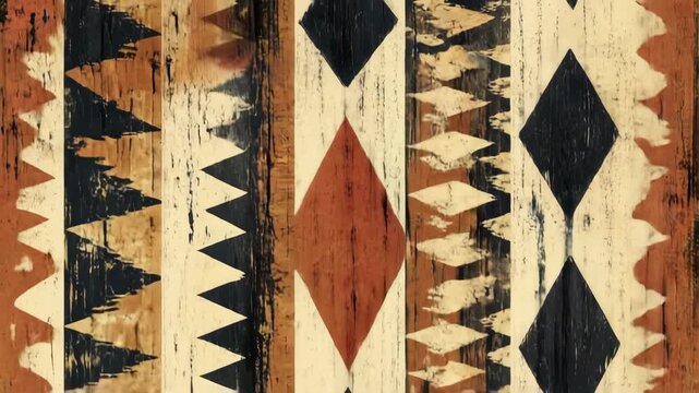 Animated ethnic geometric pattern on rustic wood texture