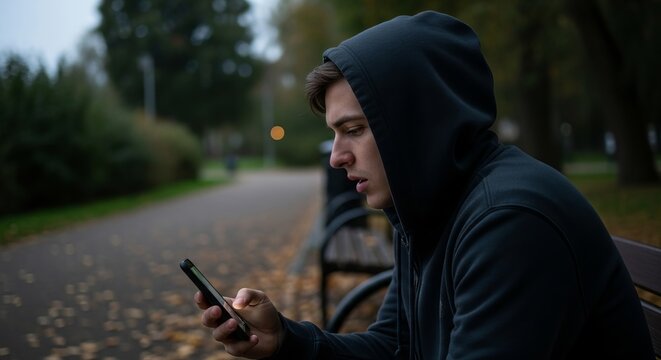 Man in hoodie using phone sitting on park bench in the evening
